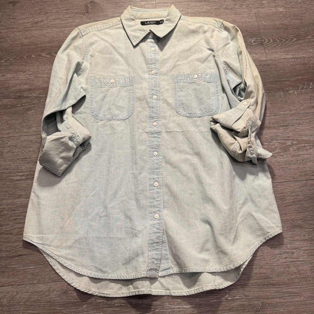 Ralph Lauren Shirt Womens XL Blue Denim Cotton Western Chambray Utility Roll Tab